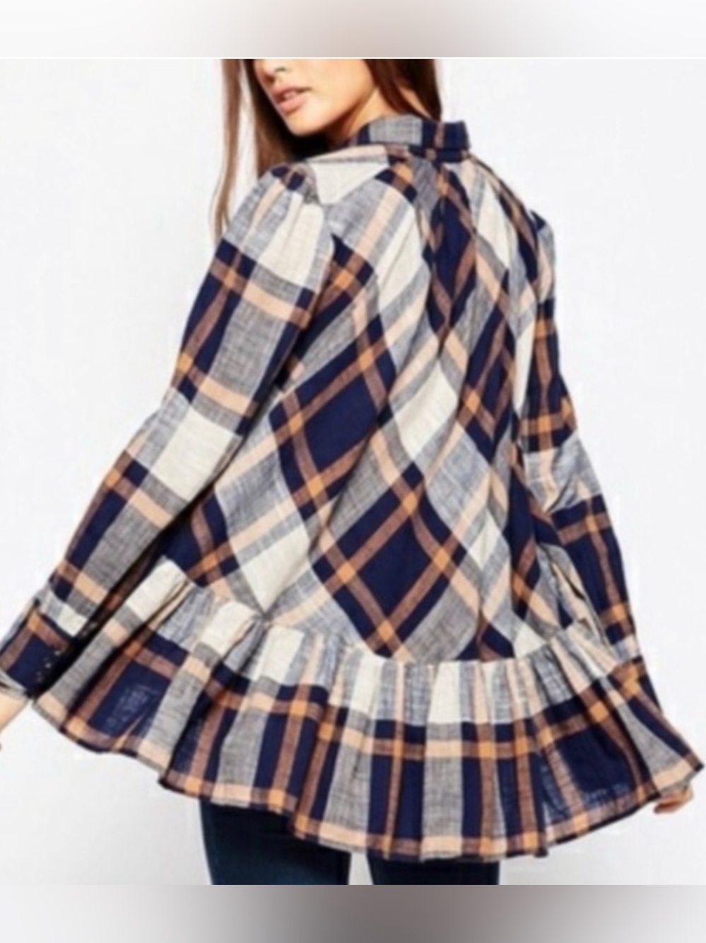 Free People Peppy in Plaid Oversized Button-up Tunic High Low Ruffle Hem Women M
